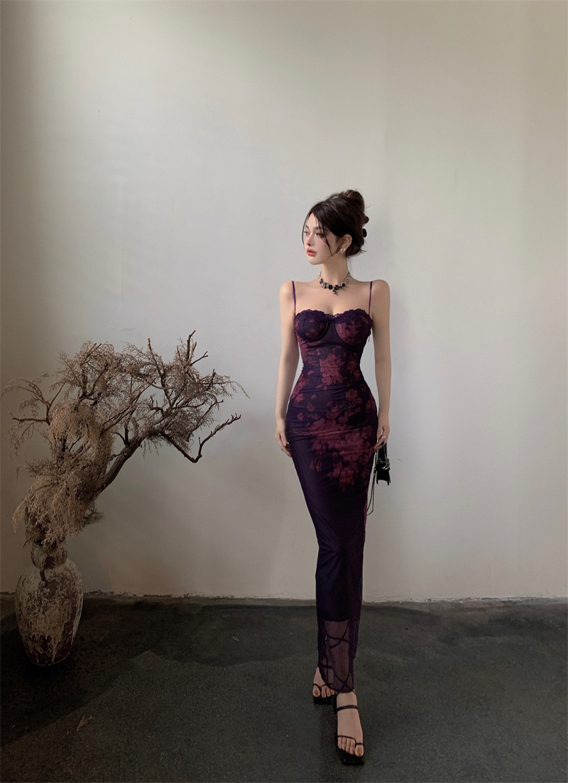 Purple floral floral waist slimming hip skirt suspender long dress for women summer