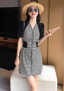 RM18256#设计感撞色连衣裙女夏季新款韩版休闲拉链长款/短款裙子