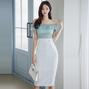 One line neck lace top with waistband and fashionable hip wrap skirt set