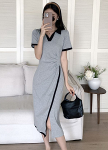 RM18258#不规则连衣裙女夏季新款中长款撞色V领开叉polo裙显瘦灰色T恤裙