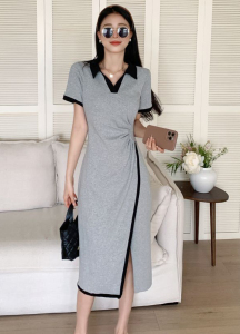 RM18258#不规则连衣裙女夏季新款中长款撞色V领开叉polo裙显瘦灰色T恤裙