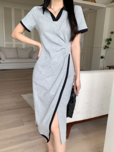 RM18258#不规则连衣裙女夏季新款中长款撞色V领开叉polo裙显瘦灰色T恤裙