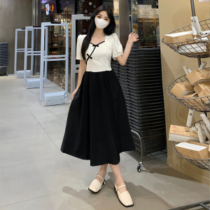 RM16901#大码2023夏季新款新中式国风方领胖妹妹撞色拼接假两件连衣裙