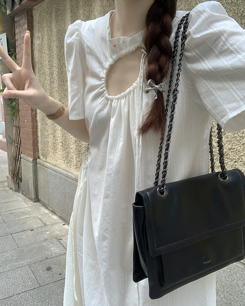 实拍 白色镂空抽绳蕾丝拼接连衣裙度假风法式高级感宽松长裙