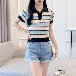 RM18408#夏季新款设计感彩虹条纹Polo领T恤薄款冰丝针织女