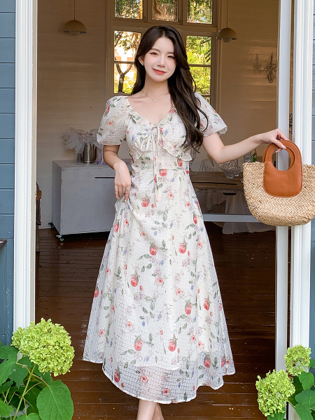 RM20495#夏季新款法式茶歇裙V领荷叶边碎花连衣裙