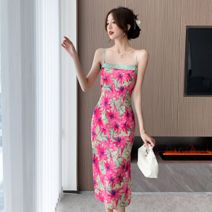 RM23883#新款法式小众设计新中式碎花拼接撞色修身高腰连衣裙女
