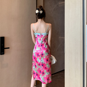 RM23883#新款法式小众设计新中式碎花拼接撞色修身高腰连衣裙女