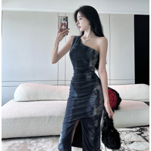 RM20173#女装新款渐变色扎染单肩修身包臀中长款聚会礼服连衣裙