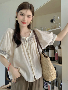 RM20659#夏季新款复古单排扣珍珠圆领泡泡袖宽松短袖衬衫女上衣