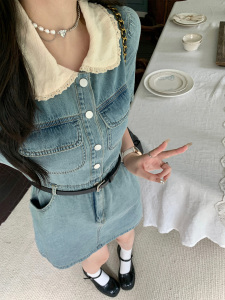 RM18238#大码女装娃娃领牛仔裙胖MM夏季复古法式气质收腰少女连衣裙