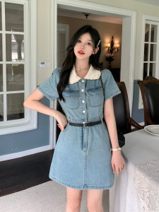 RM18238#大码女装娃娃领牛仔裙胖MM夏季复古法式气质收腰少女连衣裙