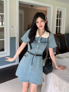 RM18238#大码女装娃娃领牛仔裙胖MM夏季复古法式气质收腰少女连衣裙