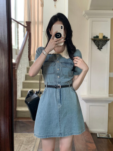 RM18238#大码女装娃娃领牛仔裙胖MM夏季复古法式气质收腰少女连衣裙