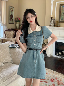 RM18238#大码女装娃娃领牛仔裙胖MM夏季复古法式气质收腰少女连衣裙