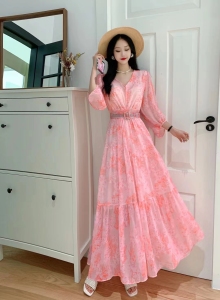RM24322#夏季V领洋气女神范甜美雪纺印花连衣裙高端优雅大摆裙子