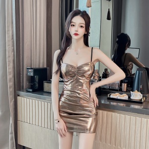 Metal shiny face personalized cool tight fitting wrap hip strap dress short skirt