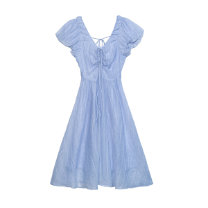 RM16653#新款法式V领泡泡袖天丝连衣裙女夏季收腰褶皱中长款裙子