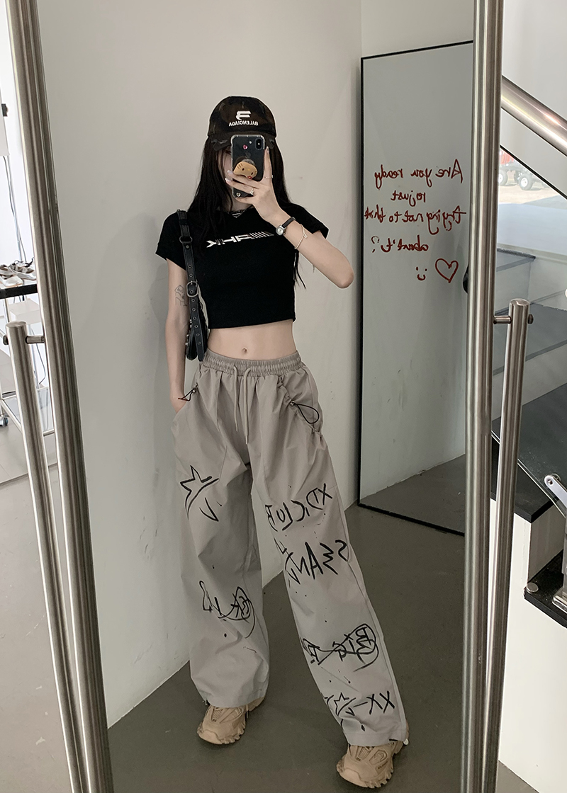 Real shot real price American street hip-hop graffiti sports pants women's summer thin section loose wide-leg casual pants tide