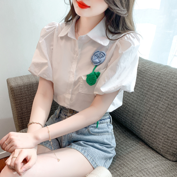 RM16477#设计感洋气时尚泡泡袖植物花卉衬衣小清新短袖