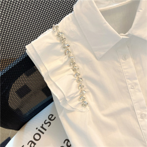 RM18322#荷叶边褶皱小飞袖衬衫女夏季水钻短款白色衬衣Polo领无袖上衣