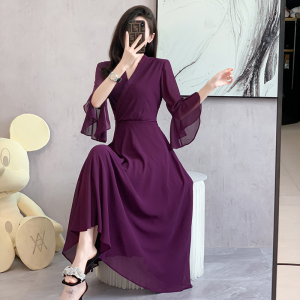 RM24091#七分袖紫色长裙大摆雪纺裙2023夏季新款气质显瘦减龄连衣裙沙滩裙