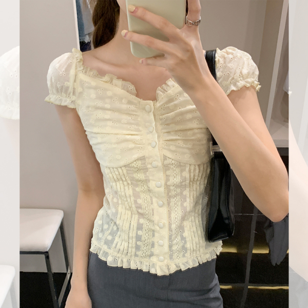 RM16985#法式一字肩刺绣蕾丝泡泡袖修身显瘦短款衬衫女夏季新款上衣