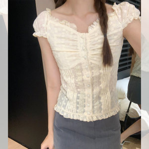 RM16985#法式一字肩刺绣蕾丝泡泡袖修身显瘦短款衬衫女夏季新款上衣