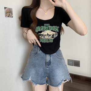 RM16226#夏装新款胖mm美式设计感显瘦印花辣妹短袖T恤百搭潮