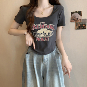 RM16226#夏装新款胖mm美式设计感显瘦印花辣妹短袖T恤百搭潮