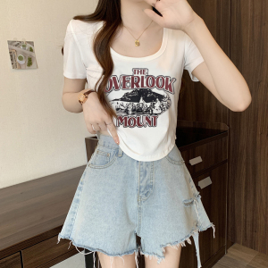 RM16226#夏装新款胖mm美式设计感显瘦印花辣妹短袖T恤百搭潮