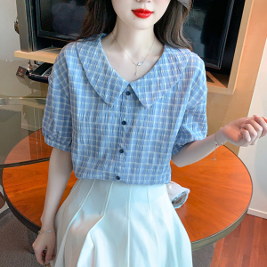 RM20145#夏季小清新娃娃领衬衫气质格子上衣洋气小衫