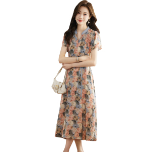 RM17493#夏季新款凉感薄款缎面气质连衣裙中长款减龄显瘦花色裙子