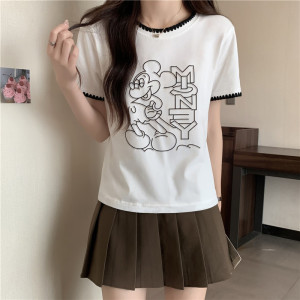 TR37408# 纯棉后包领夏季新款设计感小众撞色花边圆领短袖百搭T恤女 服装批发女装批发服饰货源