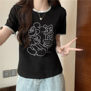 TR37408# 纯棉后包领夏季新款设计感小众撞色花边圆领短袖百搭T恤女 服装批发女装批发服饰货源