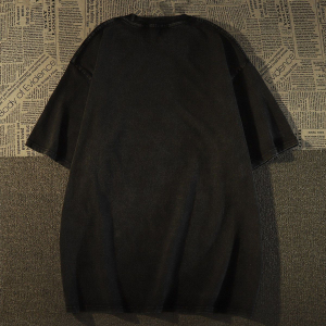 RM18381#精梳纯棉洗水黑落肩宽松版型后包边短袖T恤印花款