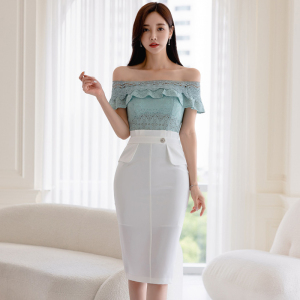One line neck lace top with waistband and fashionable hip wrap skirt set