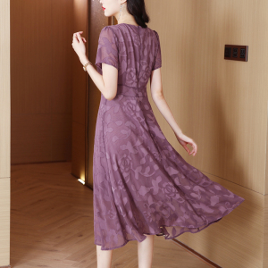 TR43068# 短袖紫色连衣裙女夏季新款修身显瘦时尚高级感气质减龄大摆裙 服装批发女装批发服饰货源