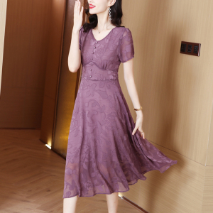 TR43068# 短袖紫色连衣裙女夏季新款修身显瘦时尚高级感气质减龄大摆裙 服装批发女装批发服饰货源