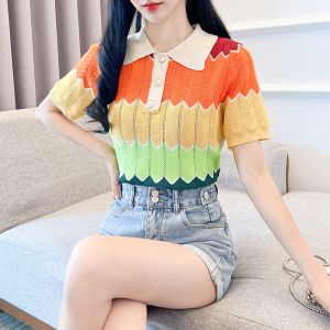 RM18487#夏季新款设计感宽松彩虹条纹Polo领T恤冰丝针织女