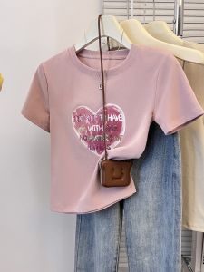 RM16743#短袖t恤女夏季纯棉百搭字母爱心印花别致漂亮小衫设计感小众上衣