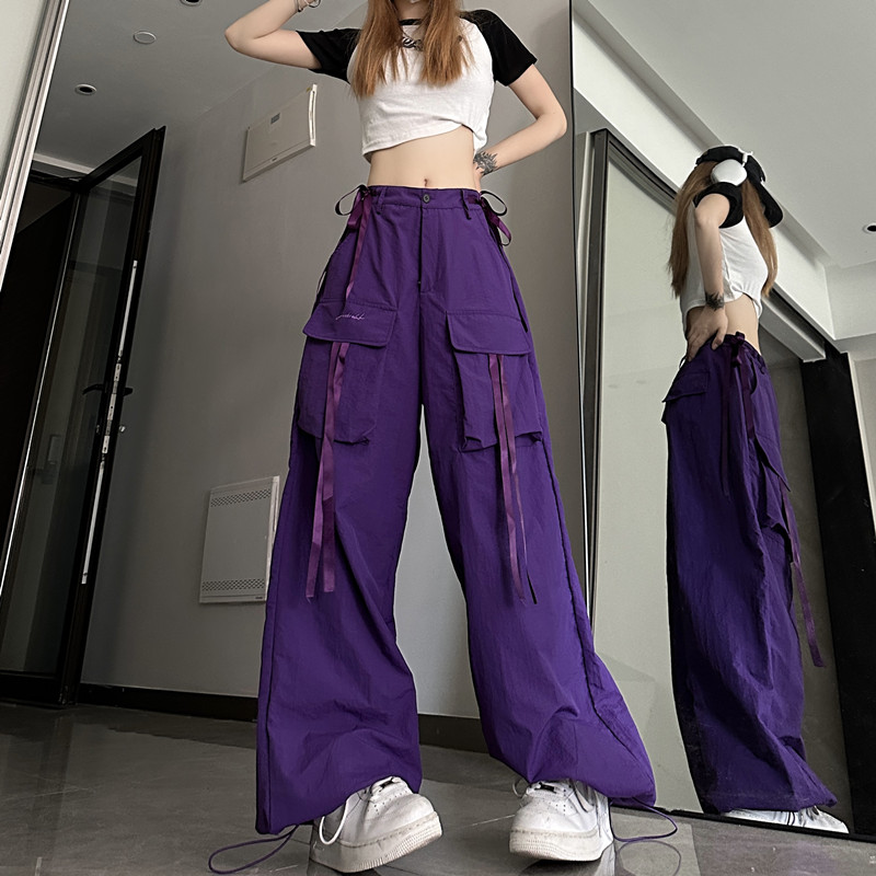 Real shot of high street quick-drying overalls women's  summer new streamer hip-hop street loose legged casual pants