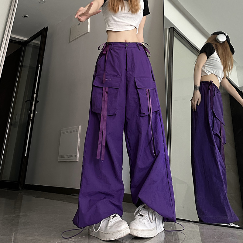 Real shot of high street quick-drying overalls women's 2023 summer new streamer hip-hop street loose legged casual pants