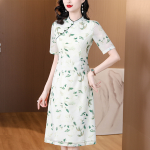 RM18698#新中式连衣裙2023女新款短袖收腰气质碎花裙印花裙子女夏季