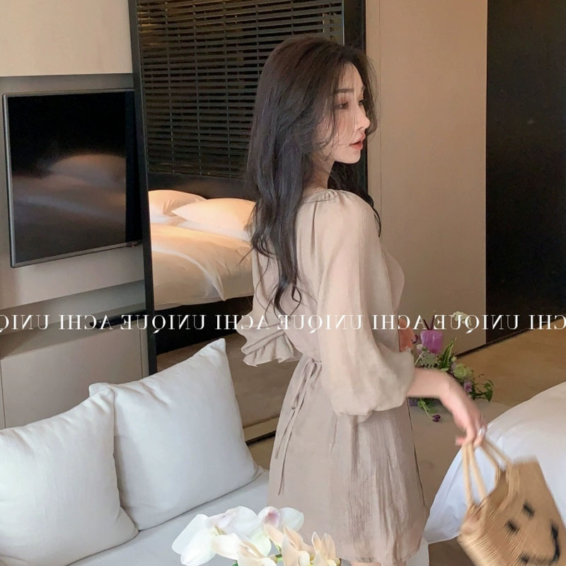White v-neck single-breasted tencel bamboo suit long-sleeved waist shirt shorts thin two-piece suit