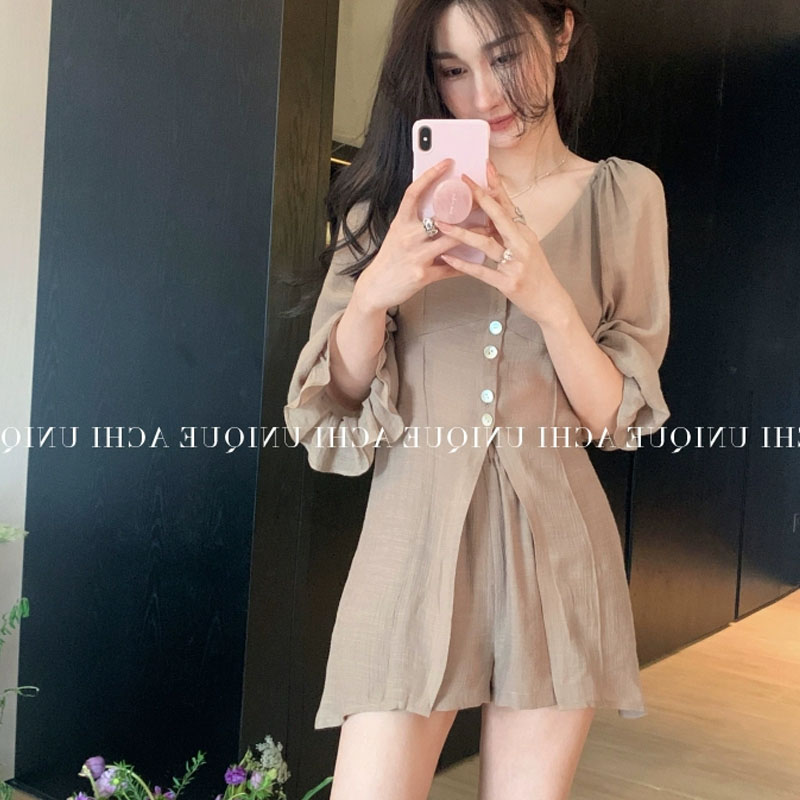 White v-neck single-breasted tencel bamboo suit long-sleeved waist shirt shorts thin two-piece suit