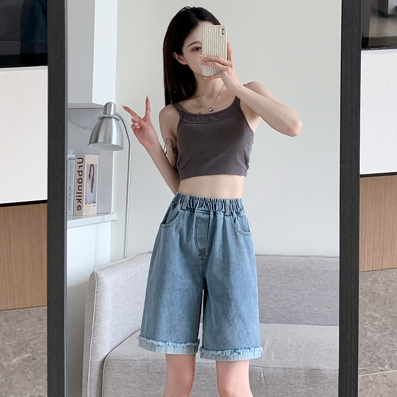 實拍哦牛仔純棉夏季女潮高腰顯瘦a字闊腿中褲寬松五分卷邊褲網紅