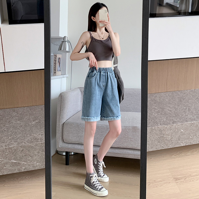 實拍哦牛仔純棉夏季女潮高腰顯瘦a字闊腿中褲寬松五分卷邊褲網紅