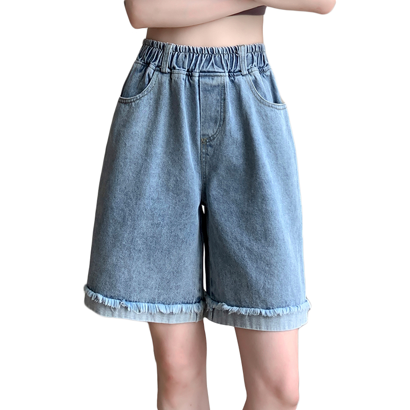 實拍哦牛仔純棉夏季女潮高腰顯瘦a字闊腿中褲寬松五分卷邊褲網紅