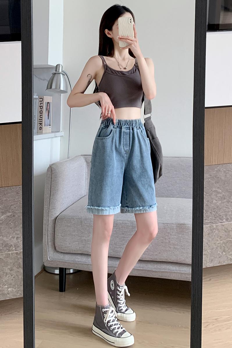 實拍哦牛仔純棉夏季女潮高腰顯瘦a字闊腿中褲寬松五分卷邊褲網紅